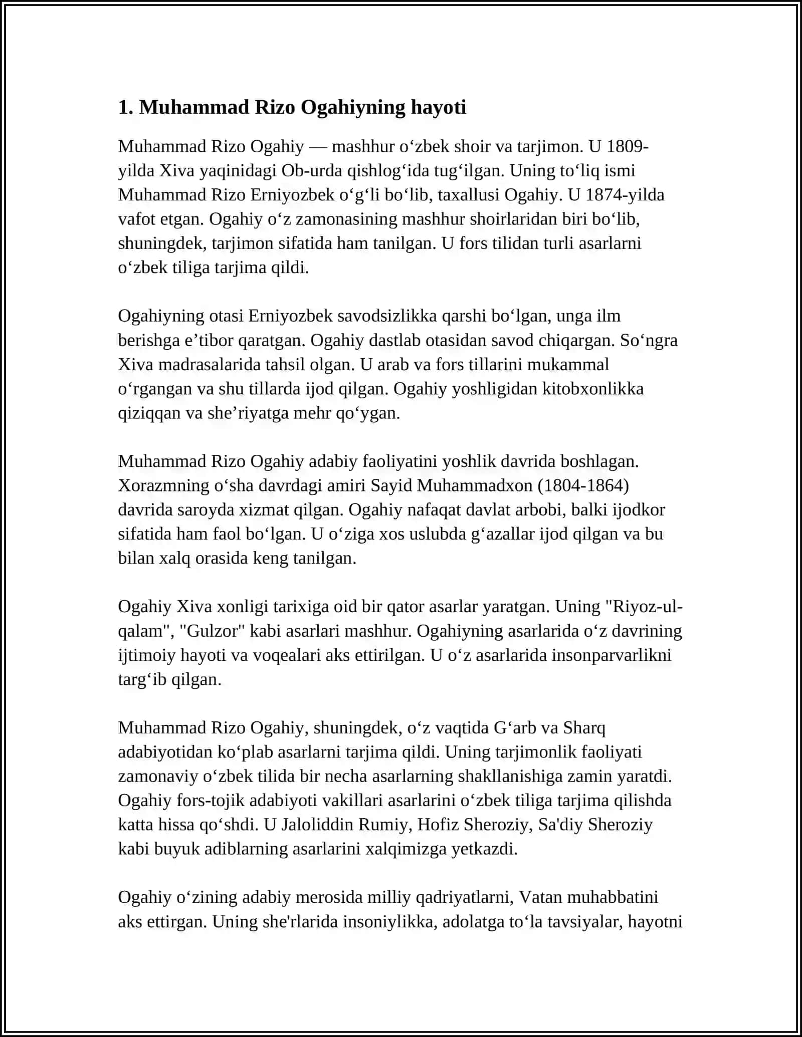 MUHAMMAD RIZO OGAHIY HAYOTI VA IJODI LIRIKASI 3