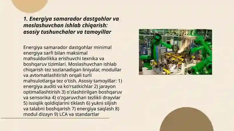 Energiya samarador dastgohlar va moslashuvchan ishlab chiqarish: asosiy tushunchalar va tamoyillar 3