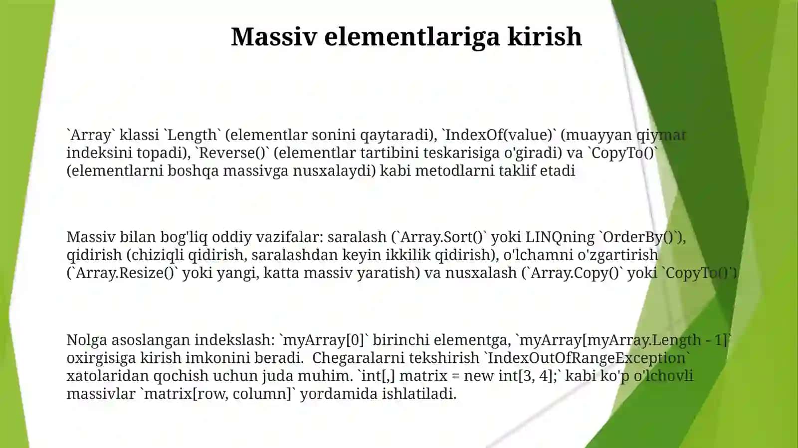 Array ma'lumotlarni tuzilmasi va uning metodlari 3