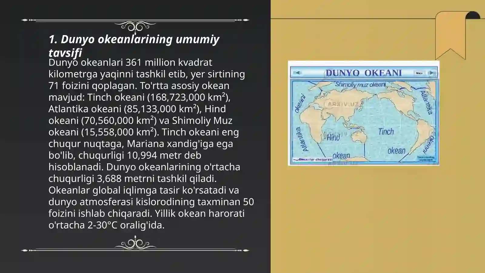 Dunyo okeani (Tinch Atlantika Hind Shimoliy muz)okeaniga tavsif 3