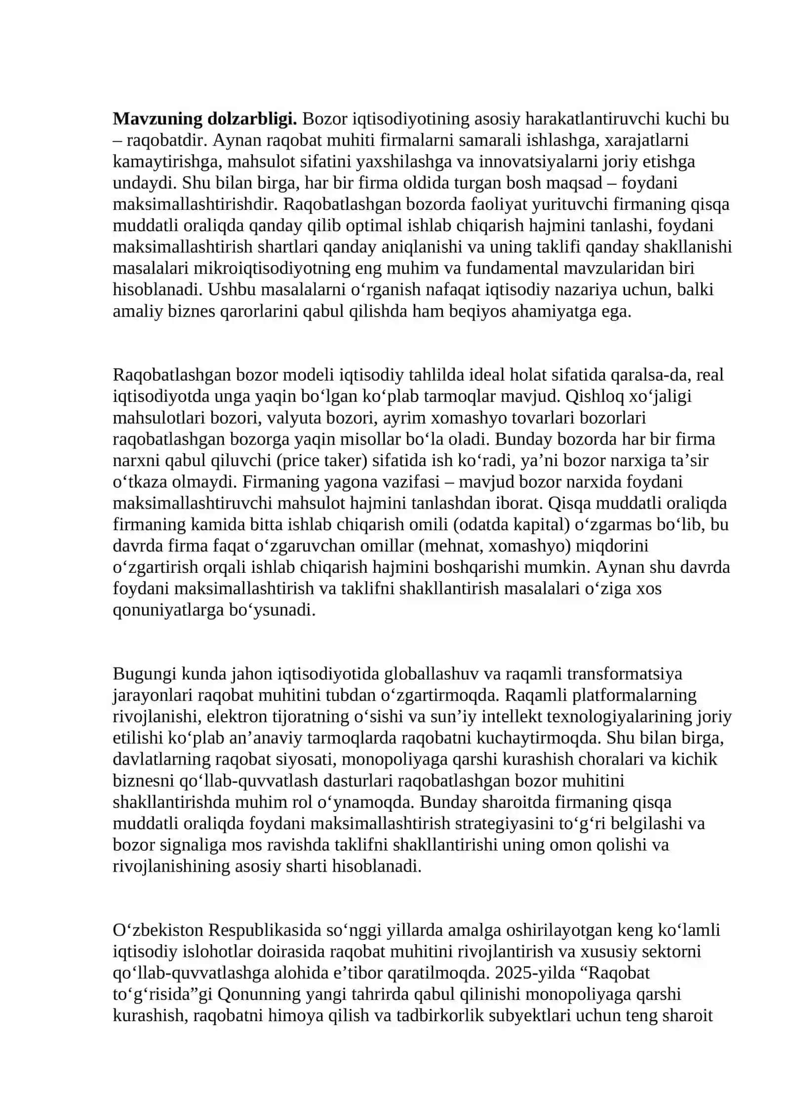 "Mikroiqtisodiyot" fanidan " Raqobatlashgan bozorda qisqa muddatli oraliqda firma foydasini maksimallashtirish shartlari va uning taklifi" mavzusida 3