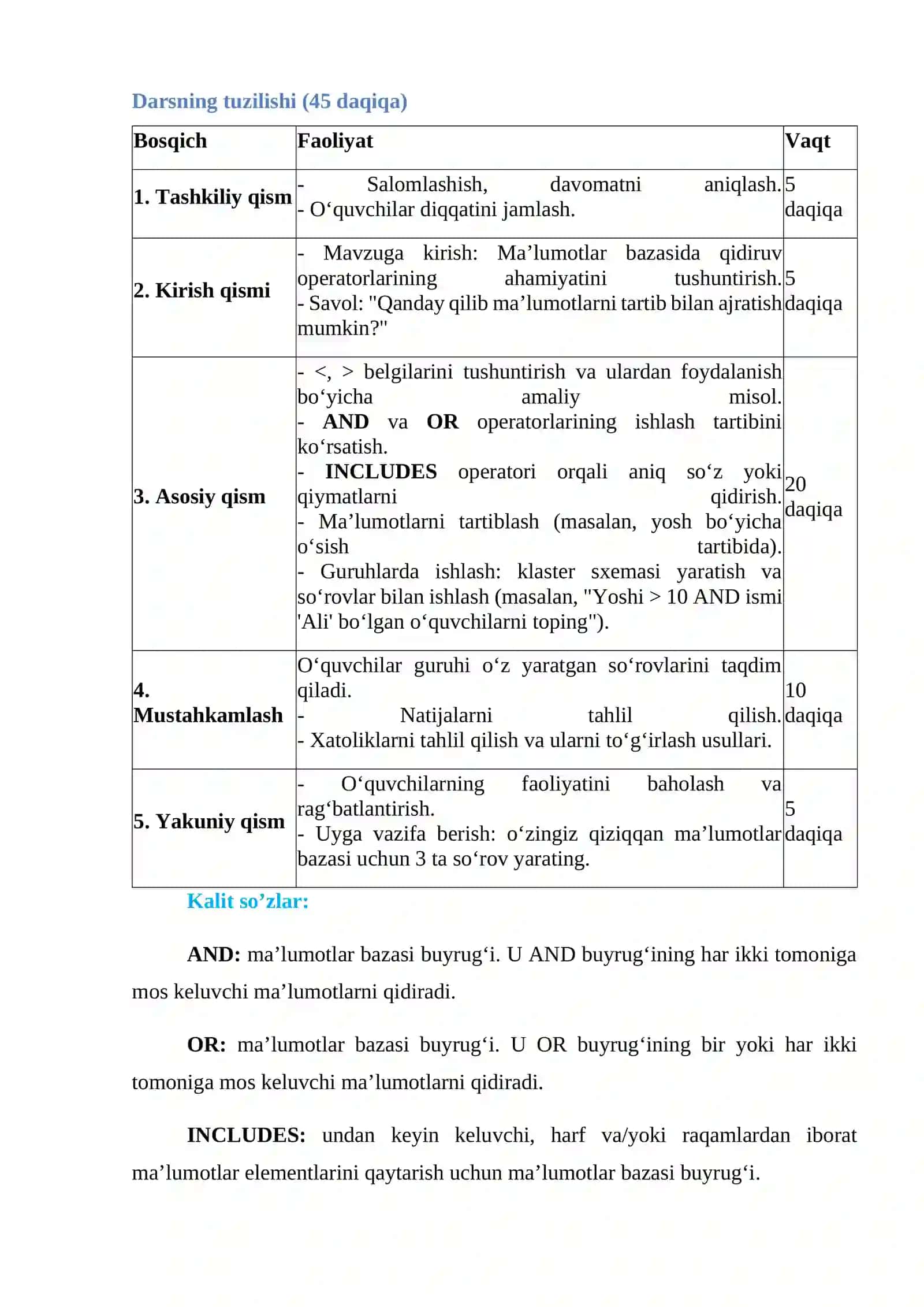 6-sinf Qidiruvlarda va belgilaridan foydalanish. AND so'rovlar. OR so'rovlar. INCLUDES so'rovlar. Tartiblash. Savolni so'rov sifatida qayta shakllantirish va natijalarni tahlil qilish 3