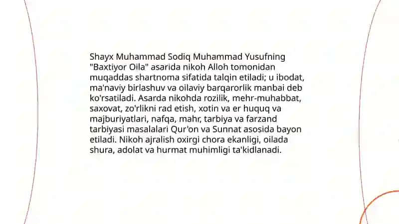 Shayx Muhammad Sodiq Muhammad Yusufning "baxtiyor oila" asaridan islom qadriyatlarining talqini 3