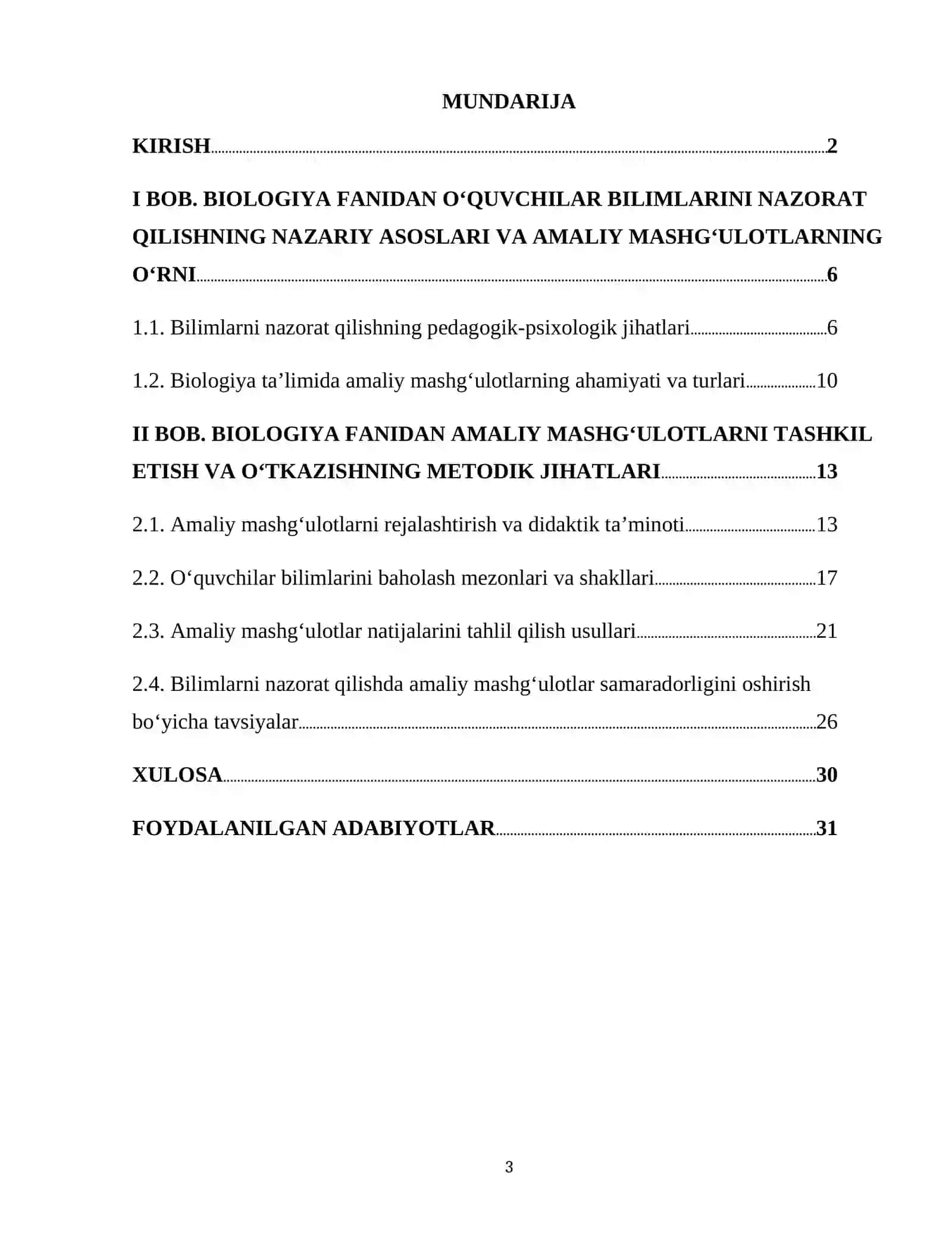 BIOLOGIYA FANIDAN AMALIY MASHG‘ULOTLAR ORQALI O‘QUVCHILAR BILIMLARINI NAZORAT QILISH KURS ISHI 3