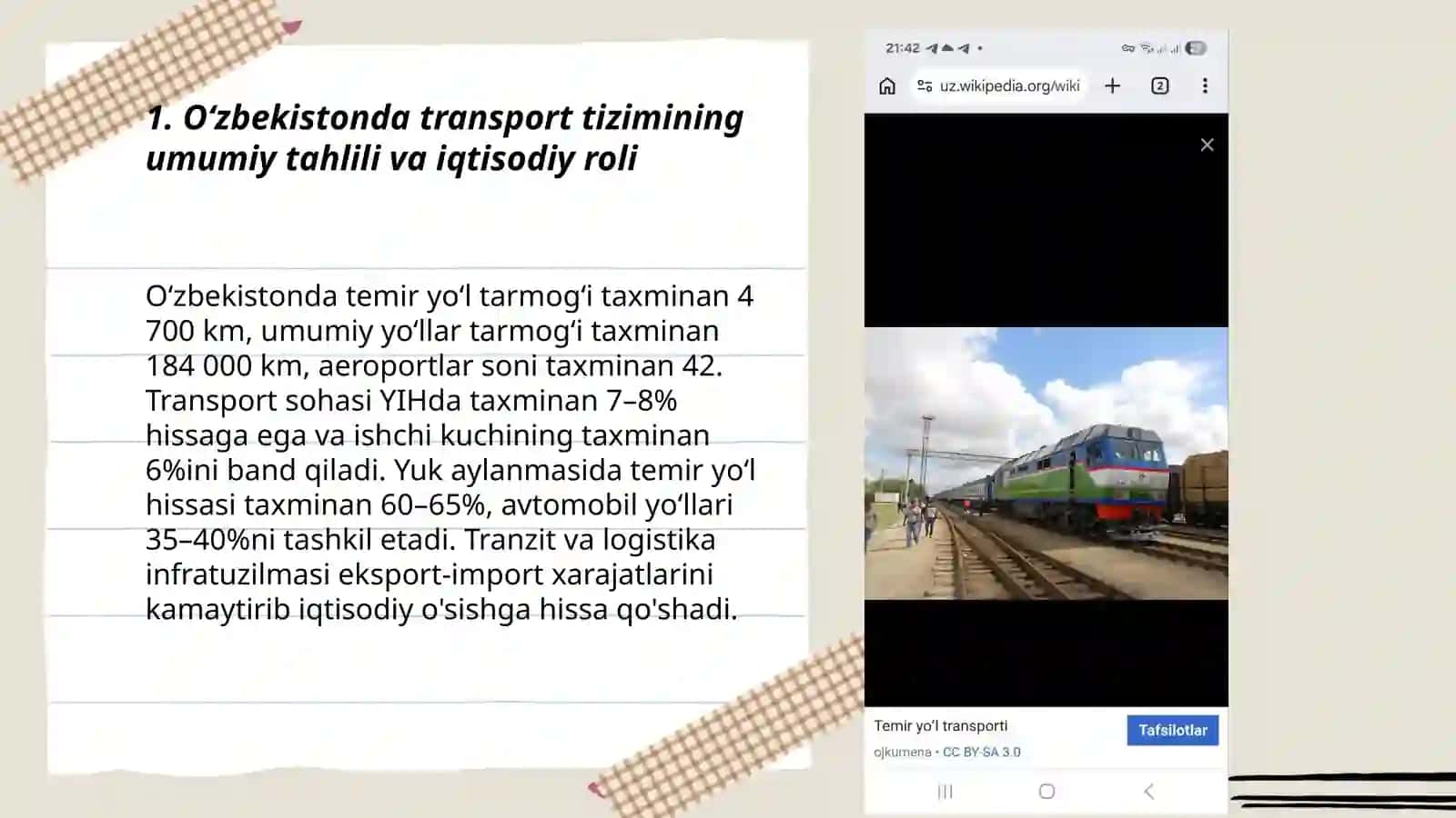 Transport yoʻllari. Iqtisodiy rivojlanish yoʻli oʻzbekistonning asossiy ularning iqtisodiy ahamiyatini oʻrganish 3