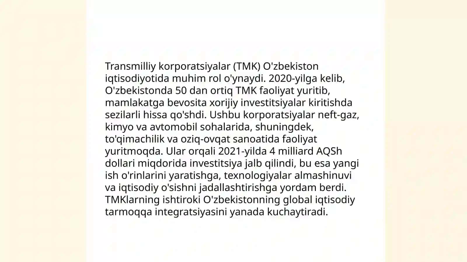 Transmilliy korporatsiyalar. Iqtisodiy jarayonlarning globallashuvi sharoitida Oʻzbekiston manfaatlari 3
