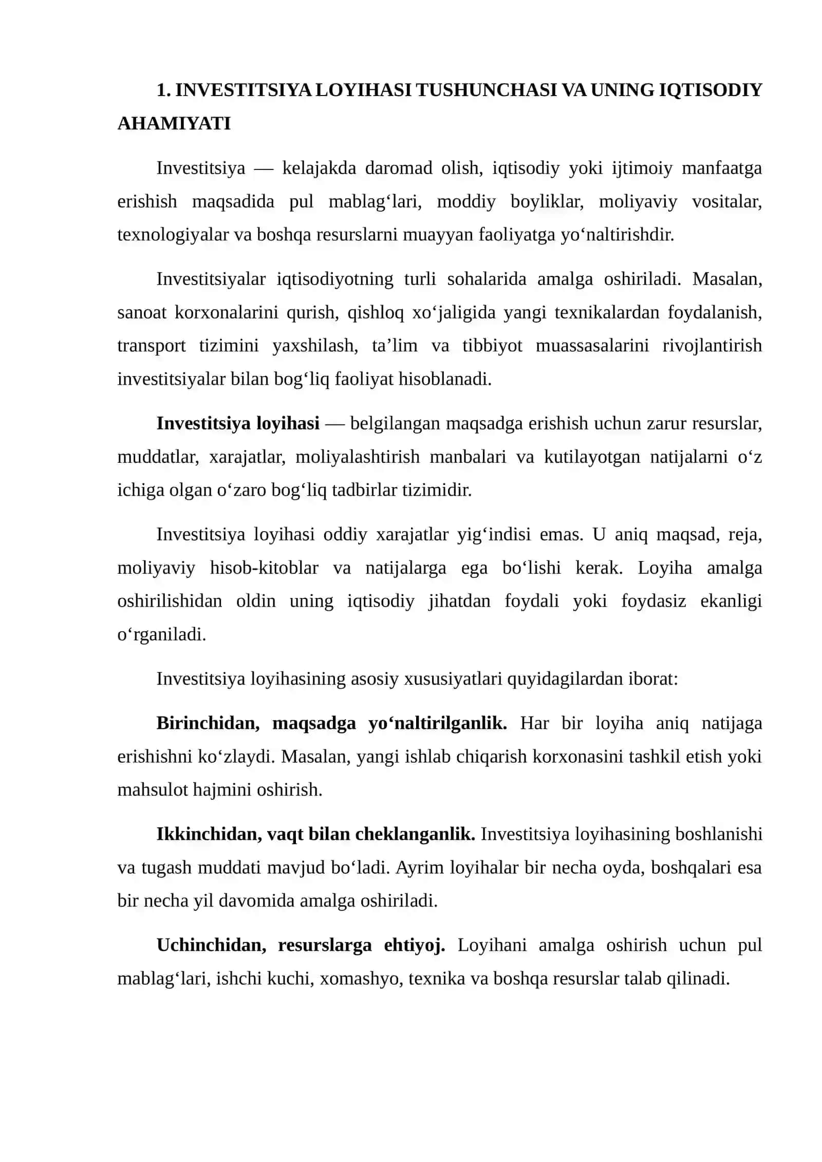 INVESTITSIYA LOYIHASI TUSHUNCHASI VA HAYOTIY SHAKLI 3