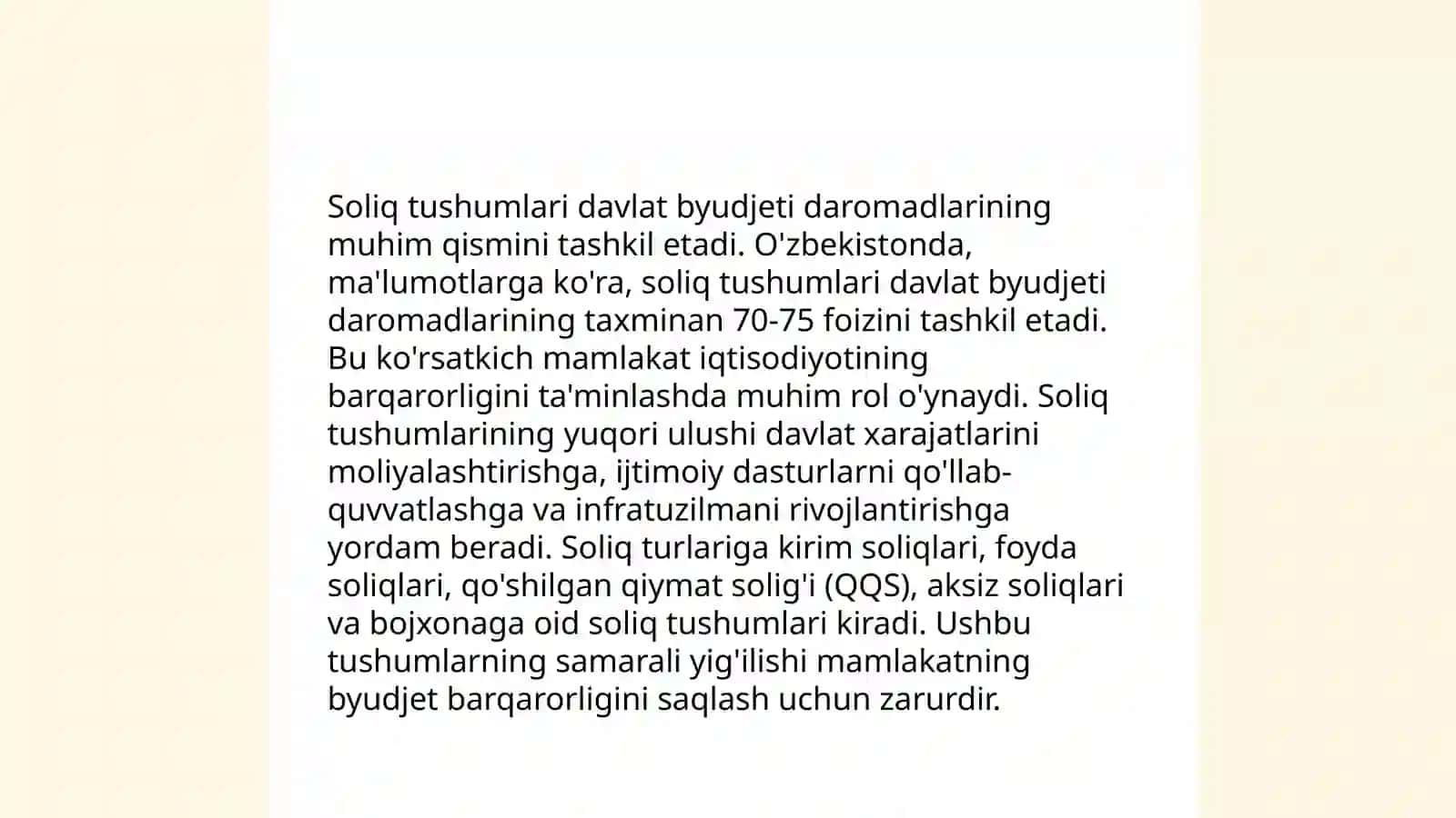 Soliq tushumlarining davlat byudjeti daromadlaridagi ulushi 3