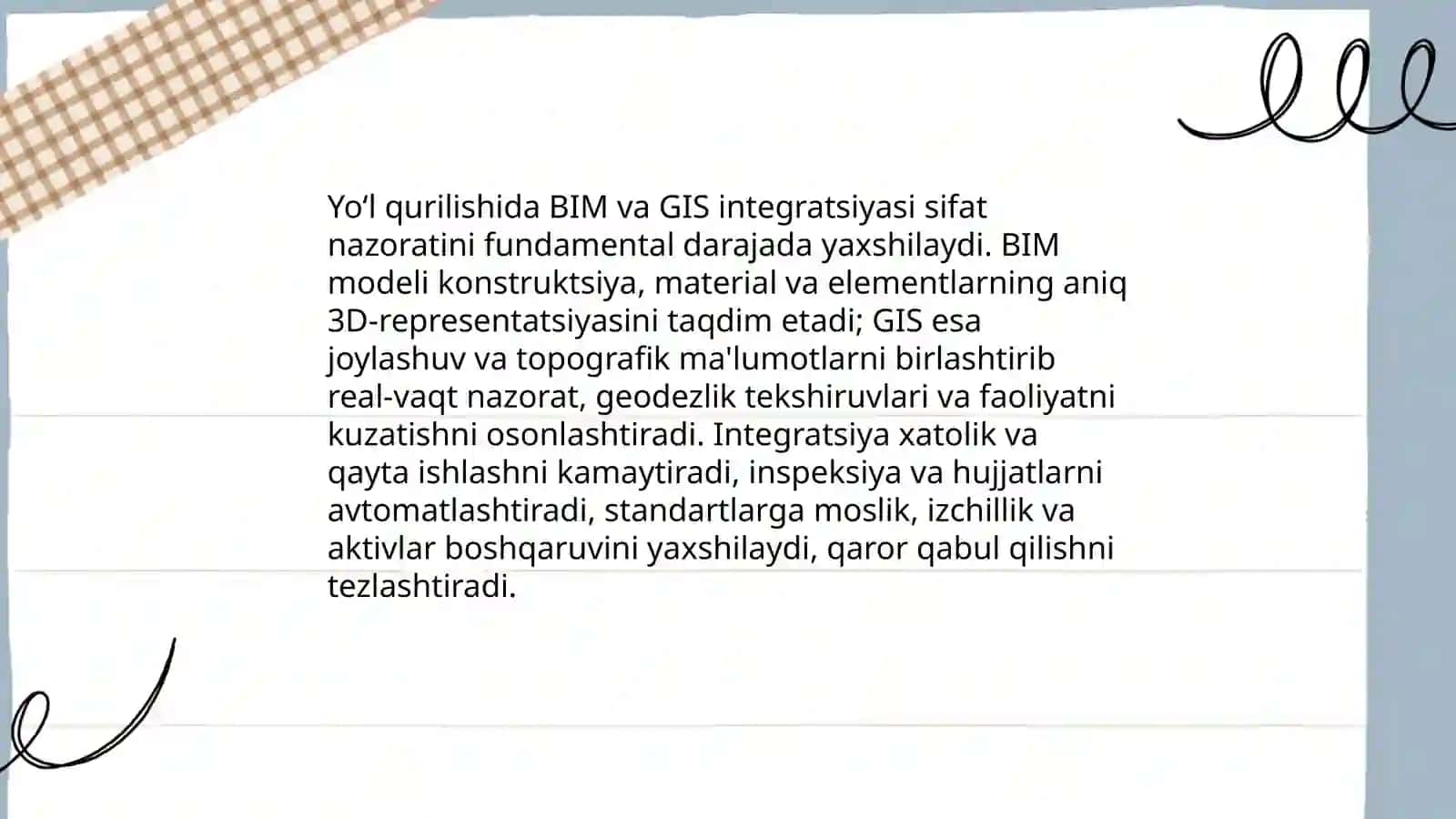 Yoʻl qurilishida sifat nazorati BIM va GIS yordamida 3