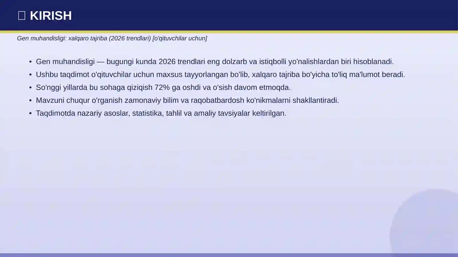 Gen muhandisligi: Xalqaro tajriba (2026 trendlari) [o'qituvchilar uchun] 3