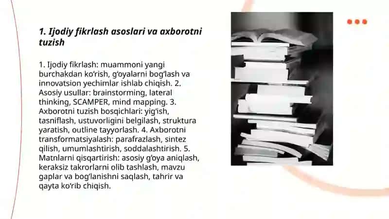 Soft skills-ijodiy fikrlash axborotni tuzish.Axborotni transformatsiyalashtirish.Matnlarni qisqartirish va uning keraksiz qismlarini olib tashlash 3