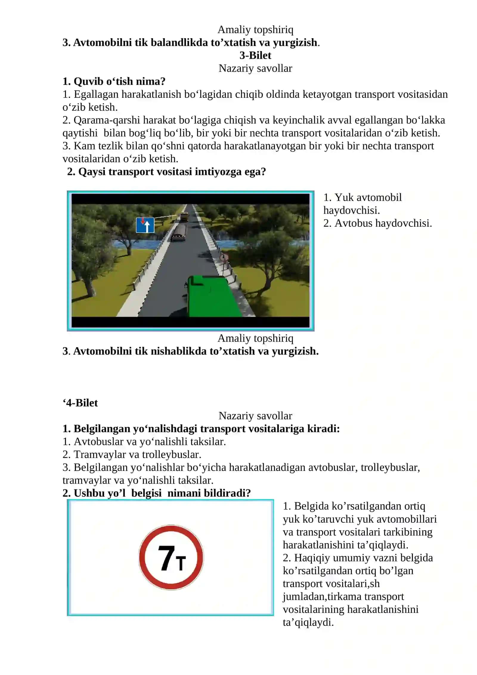 “BC” toifali avtomobil haydovchisi kvalifikatsiyasi bo’yicha kasbiy amaliy imtihon topshiriqlari 3
