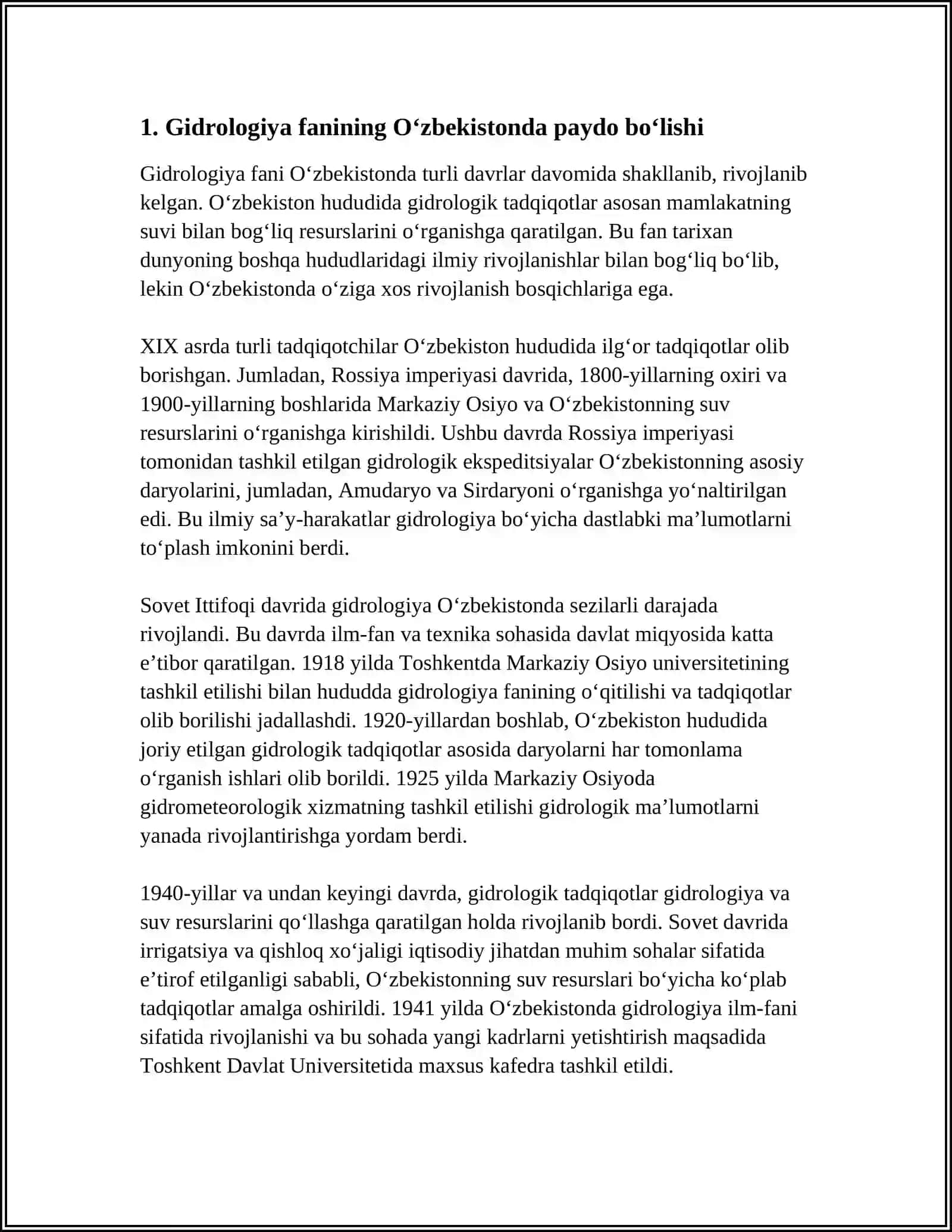 OʻZBEKISTONDA GIDROLOGIYA FANINING SHAKLLANISHI VA RIVOJLANISH BOSQICHLARI (20–21 ASR) 3