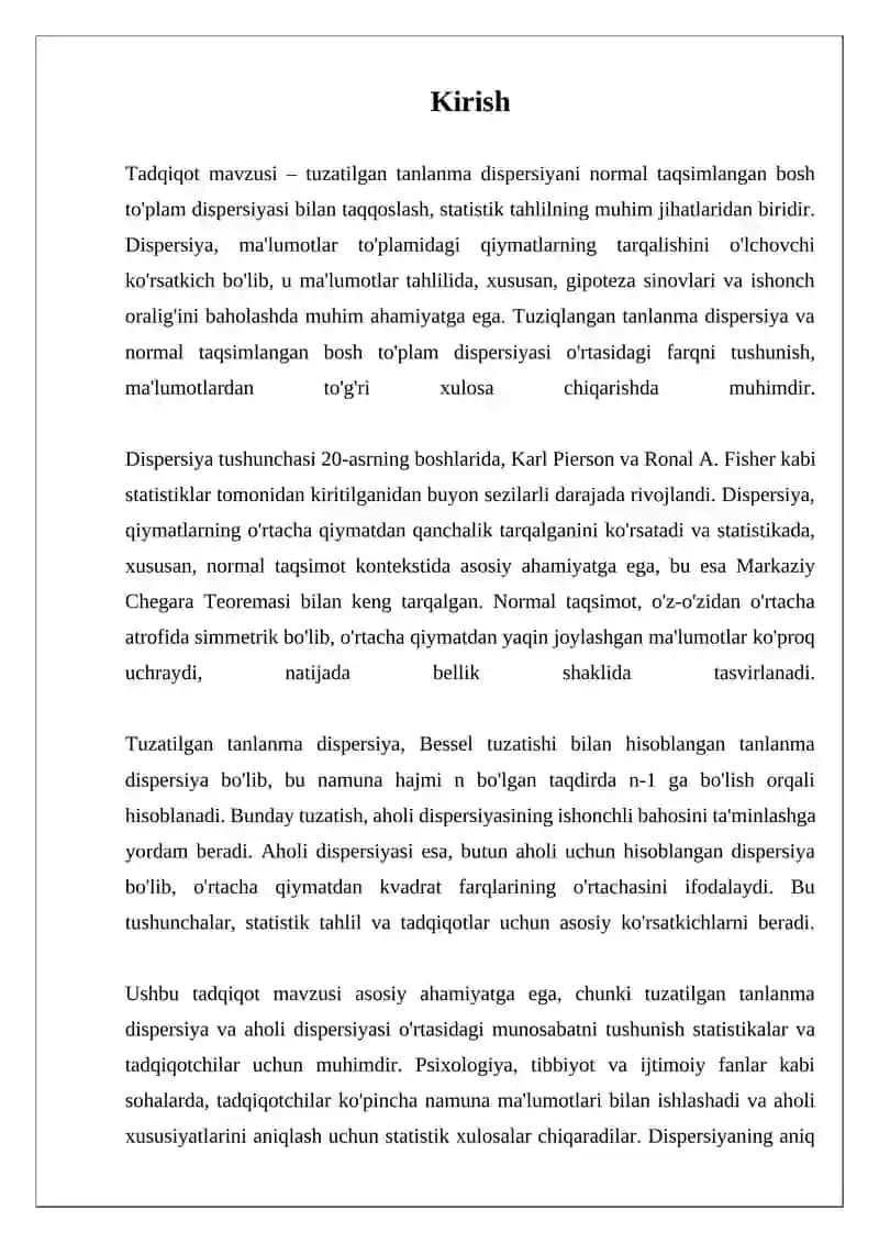 Tuzatilgan tanlanma dispersiyani normal taqsimlangan bosh to'plam dispersiyasi bilan taqqoslash 3
