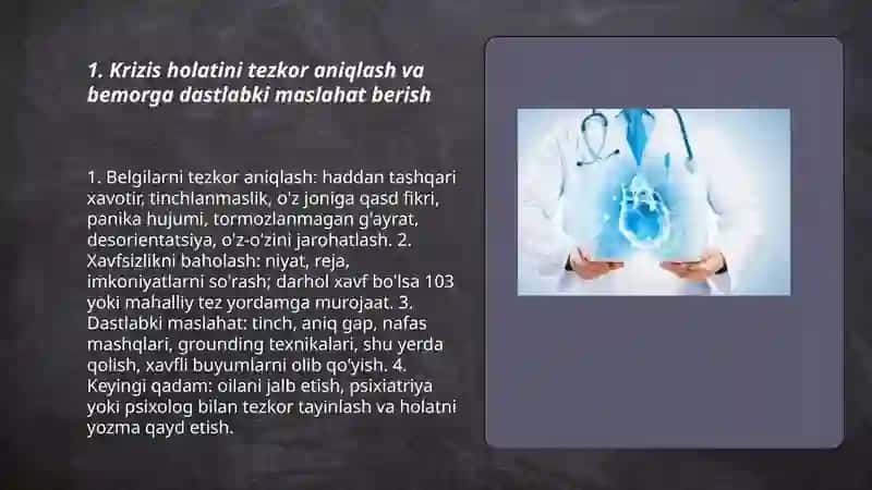 Krizis holatdagi bemorga maslahat berish. Yoʻqotish, bemor holatini oʻziga xosligi 3