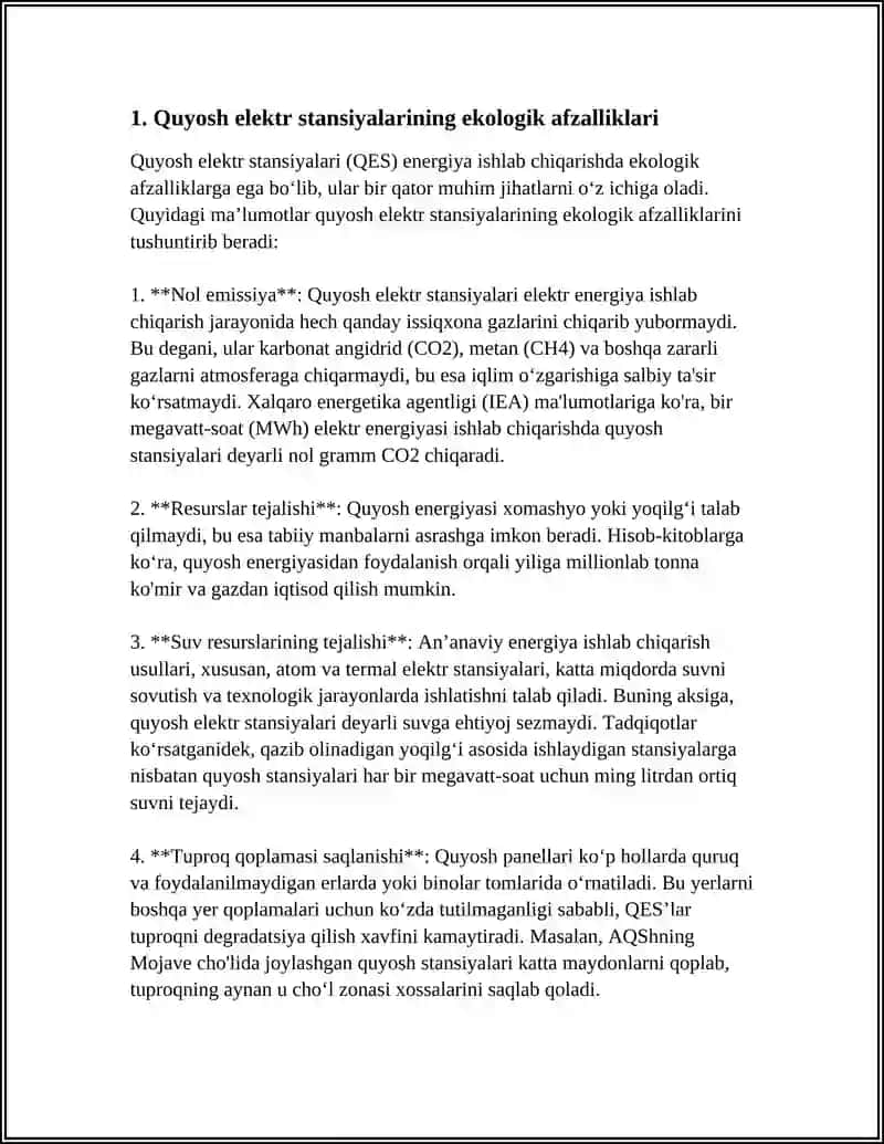 QUYOSH ELEKTR STANSIYALARINI AFZALLIKLARI VA KAMCHILIKLARINI TAHLIL QILISH 3