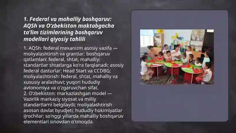 Amerika Qoʻshma Shtatlari Maktabgacha taʼlim tizimi va Oʻzbekiston Maktabgacha taʼlim tashkilotida olib borilayotgan ishlar qiyosiy tahlili 3