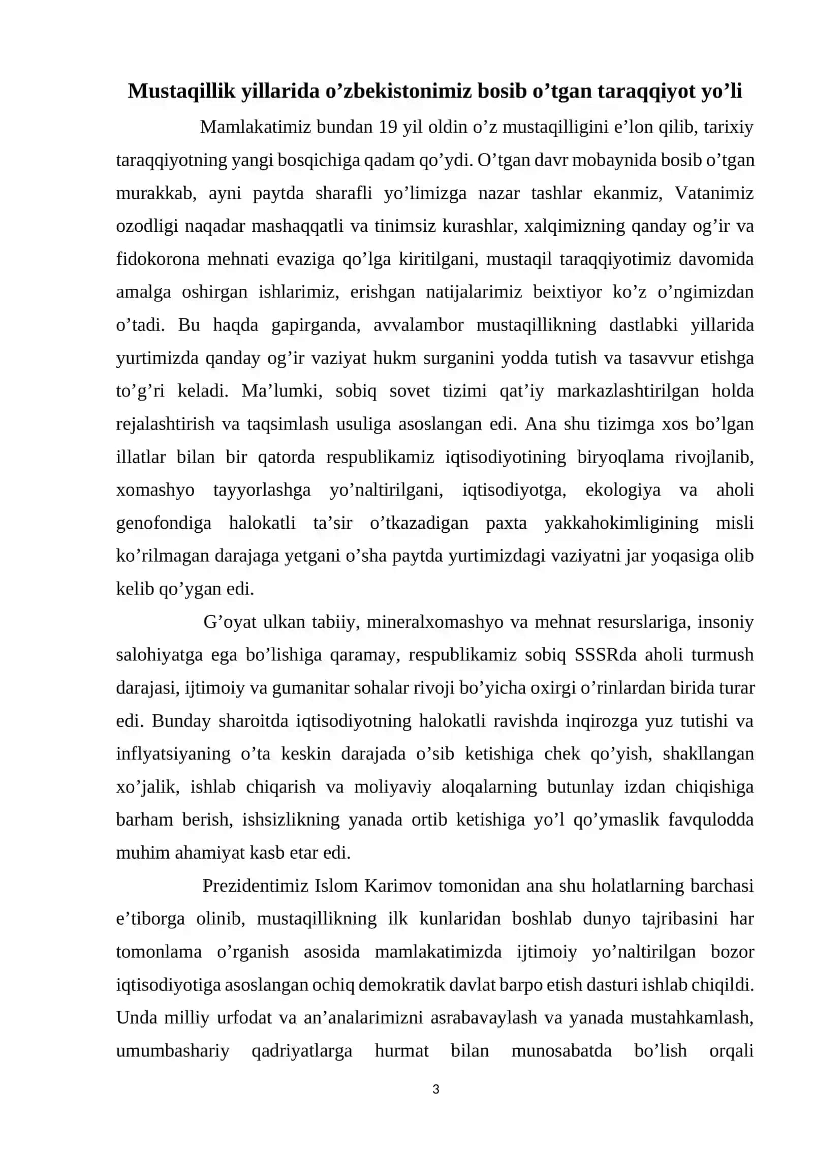 Mustaqillik yillarida O’zbekistonimiz bosib o’tgan taraqqiyot yo’li 3