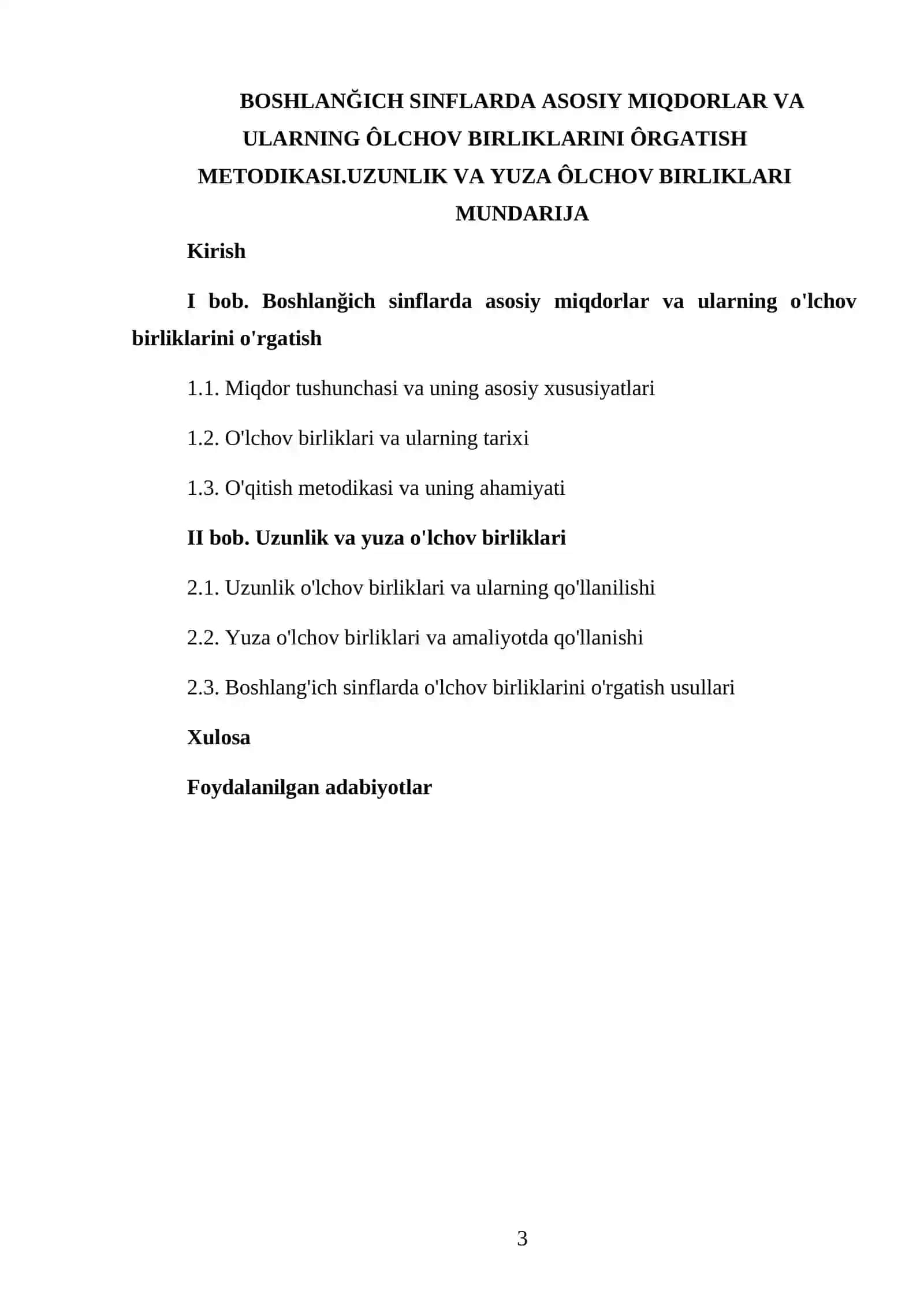 MATEMATIKA VA UNI O'QITISH METODIKASI FANIDAN TAYYORLAGAN KURS ISHI 3