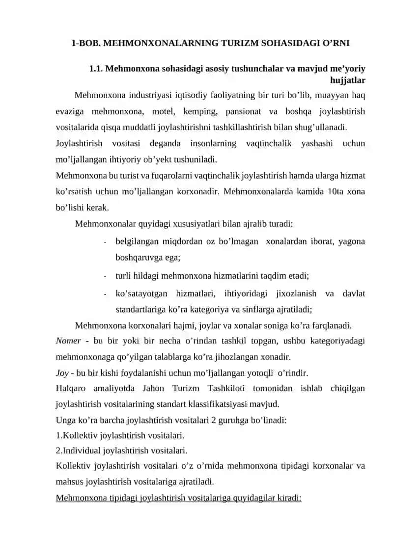 Меhmonxonalarning turizm sohasidagi o’rni va Mehmonxona xizmatlari raqobatbardoshligi  Kurs ishi 3