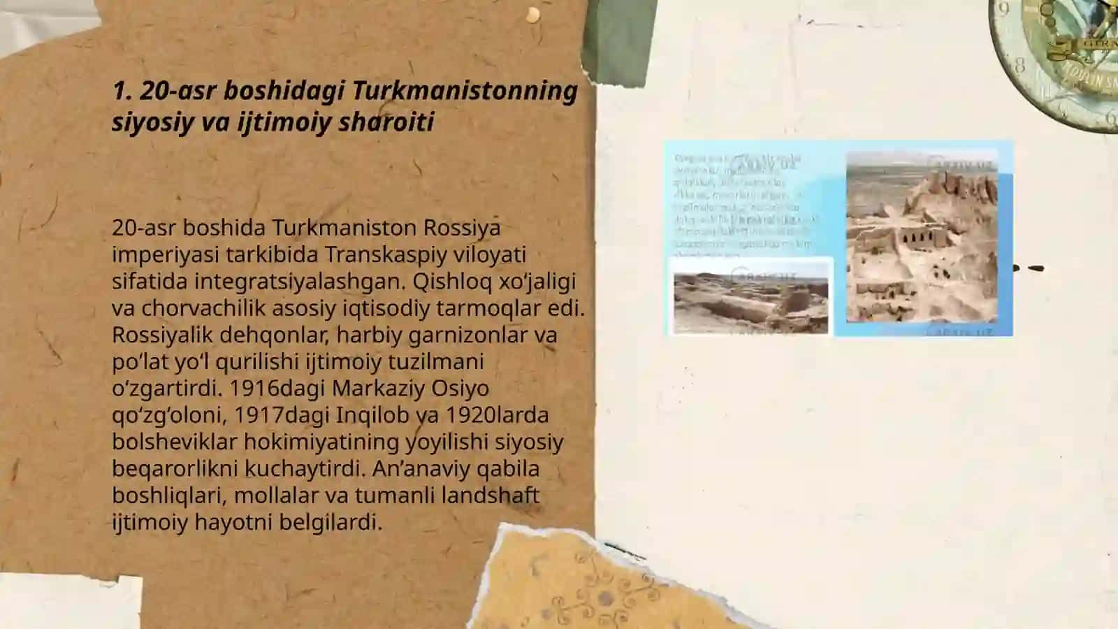 20 asrda Turkmaniston hayoti qadriyati va aholisi 15 ta slayddan iborat bo'lsin ranglari och bõlsin 3