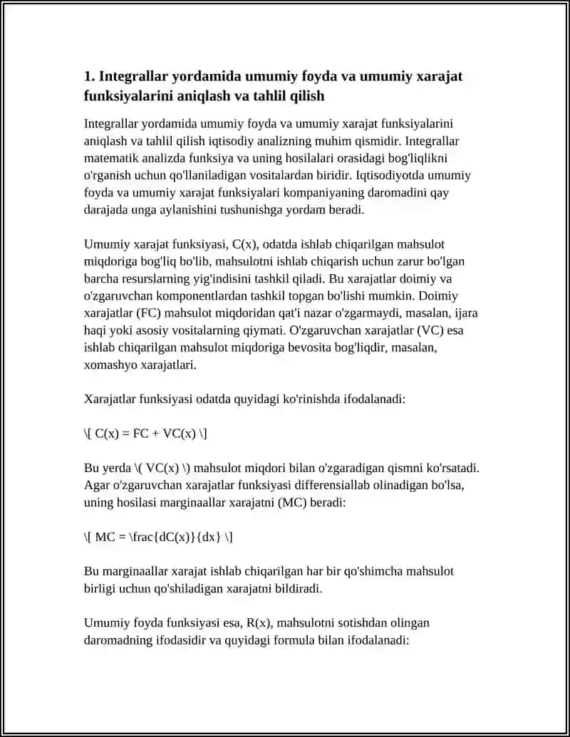 FOYDA, XARAJAT VA BOSHQALAR IQDISODIY KO'RSATGICHLAR TAHLILIDA INTEGRAL HISOB TATBIQLARI 3
