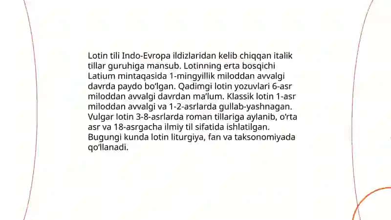 Lotin tili tarixida qisqacha maʼlumot.Alfavit unlilar diftonglari undoshlar.Harf birikmalarning Digraflar talaffuzi 3