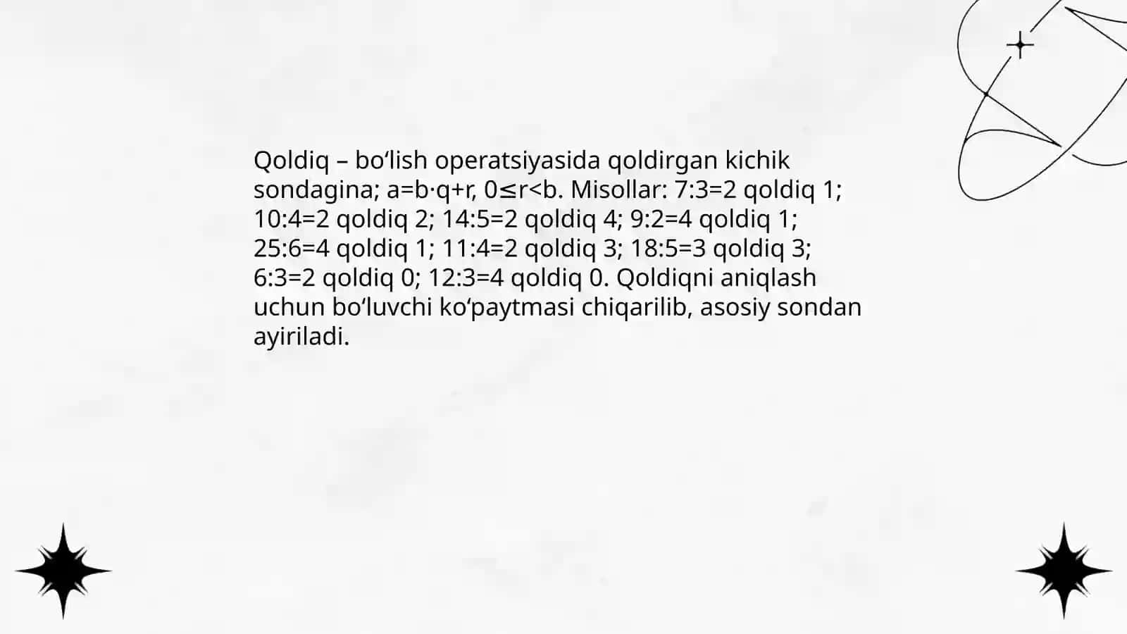 Qoldiqli boʻlish. Qoʻshish va koʻpaytirish jadvallari va ularga mos ayirish v va boʻlish hollarini oʻrgatish 3