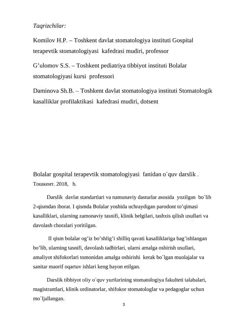 Bolalar Ogʼiz Bo’shlig’i Shilliq Qavati Kasalliklari Fanidan O`quv Darsligi 3