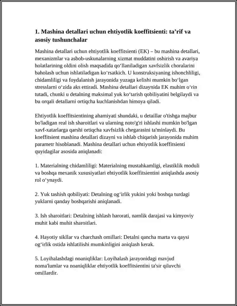 Mashina detallarida ehtiyotlilik koeffitsenti haqida tushuncha 3