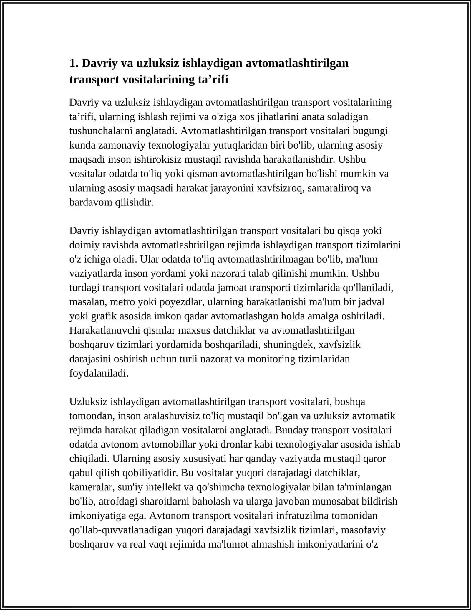 DAVRIY VA UZLUKSIZ ISHLAYDIGAN AVTOMATLASHTIRILGAN TRANSPORT VOSITALARI VA ULAR TURLARI 3