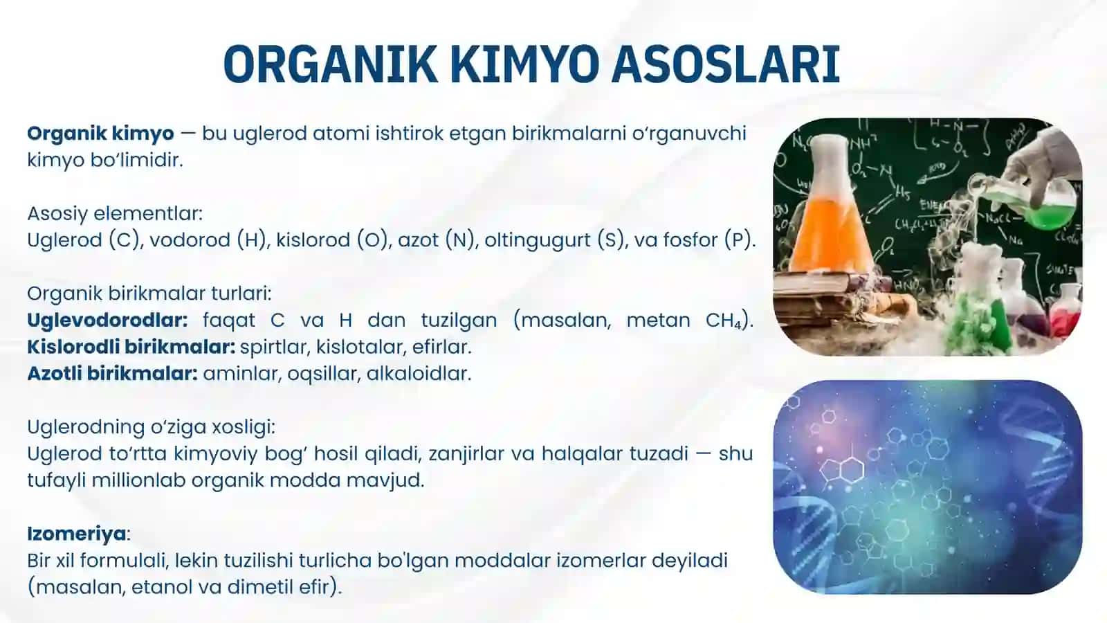Organik kimyo asoslari. Organik birikmalarning reaksion qobiliyati, kislota va asosli xossalari. 3