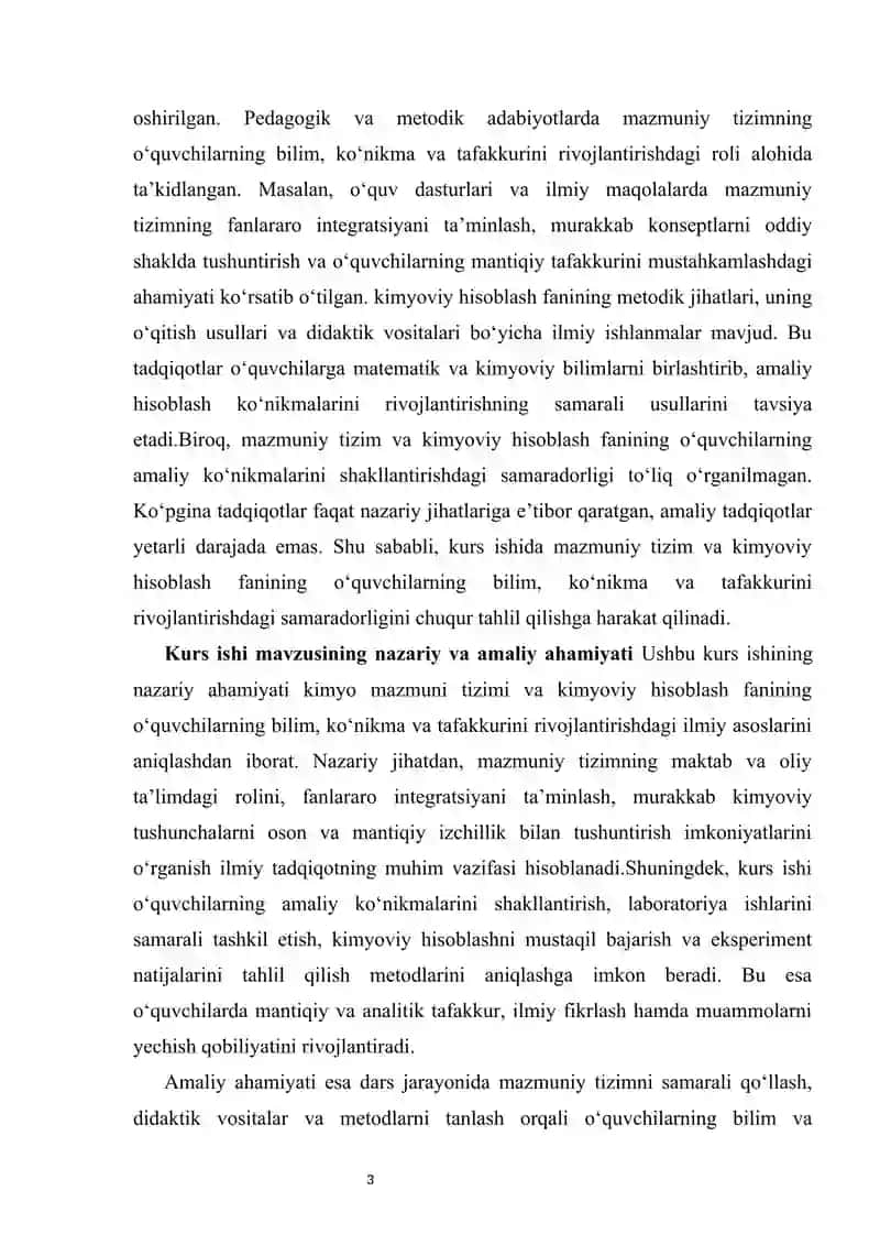“Kimyo mazmuni, tizimi va o‘quvchilarni rivojlantirishdagi roli: Kimyoviy hisoblash fani kurs ishi 3