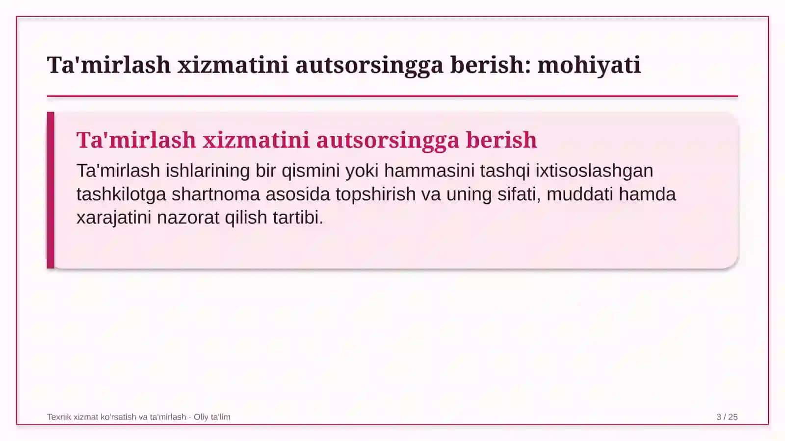 boshqaruv servis kompaniyalarida ta'mirlash xizmatini autsorsingga berish 7230 3