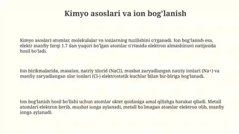 Kimyo fani, Ionli bogʻlanish va suv va tuproq ifloslanishi, tozalash choralari 3