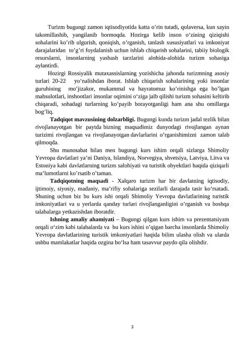 Shimoliy Yevropa turizmi | Tayyor va tahrirlangan kurs ishi 3