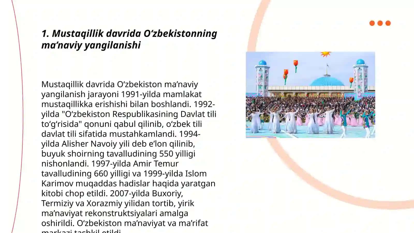 Mustaqillik yillarida Oʻzbekistondagi ma’naviy va madaniy taraqqiyot 3