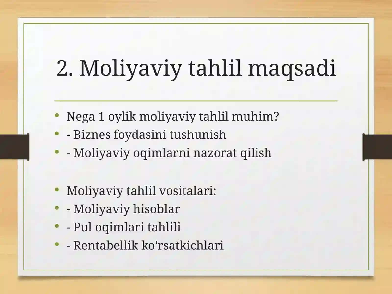 Fan:MoliyaasoslariTadbirkorlikfaoliyatining1oylikmoliyaviytahlili 3