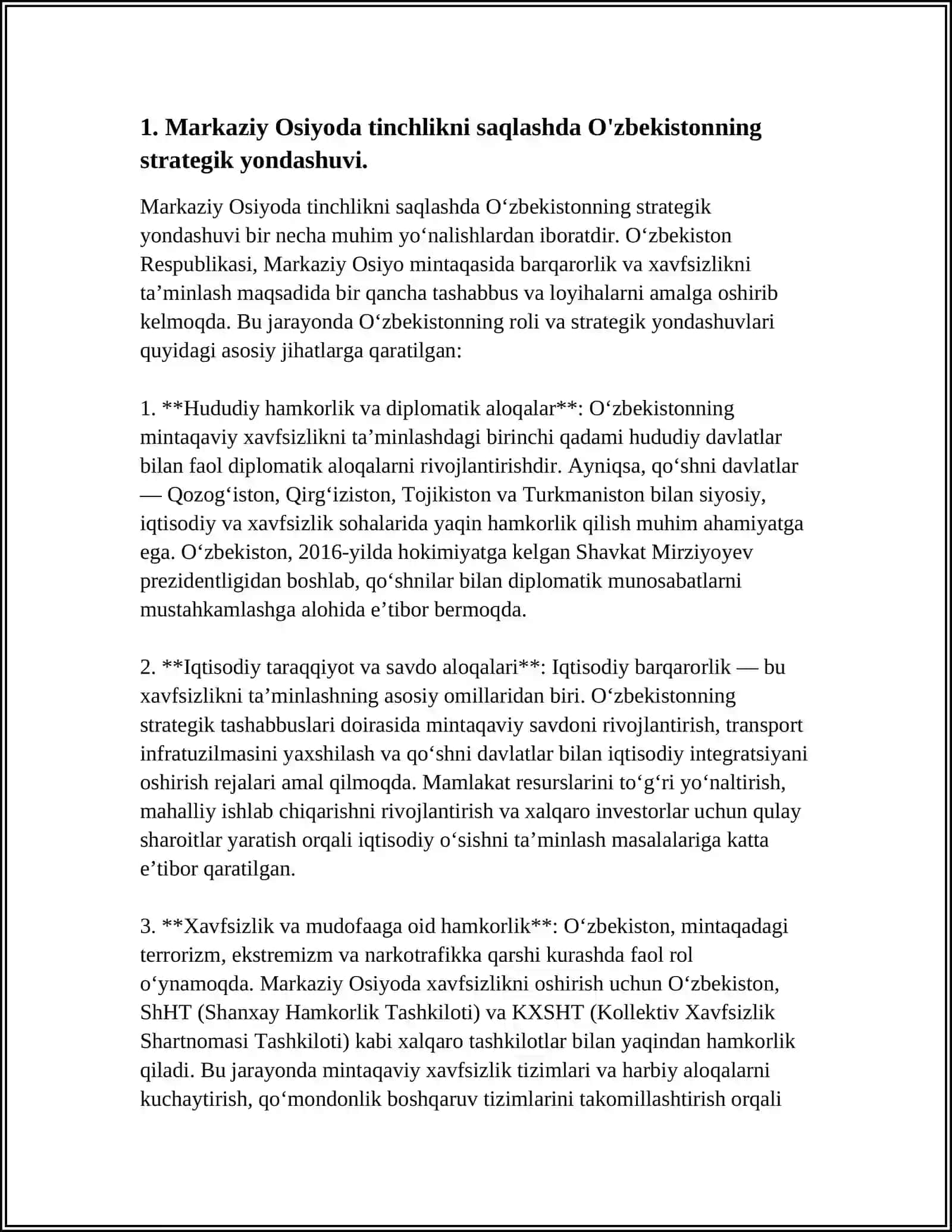 O'ZBEKISTONNING MARKAZIY OSIYODA TINCHLIK VA BARQARORLIKNI TA'MINLASHDAGI O'RNI 3