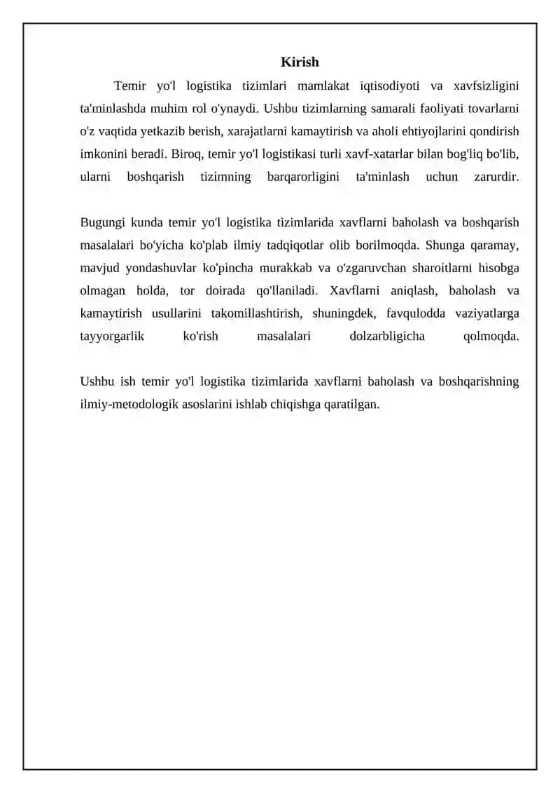 Temir yo‘l logistika tizimlarida risklarni baholash va boshqarishning ilmiy-uslubiy asoslari 3