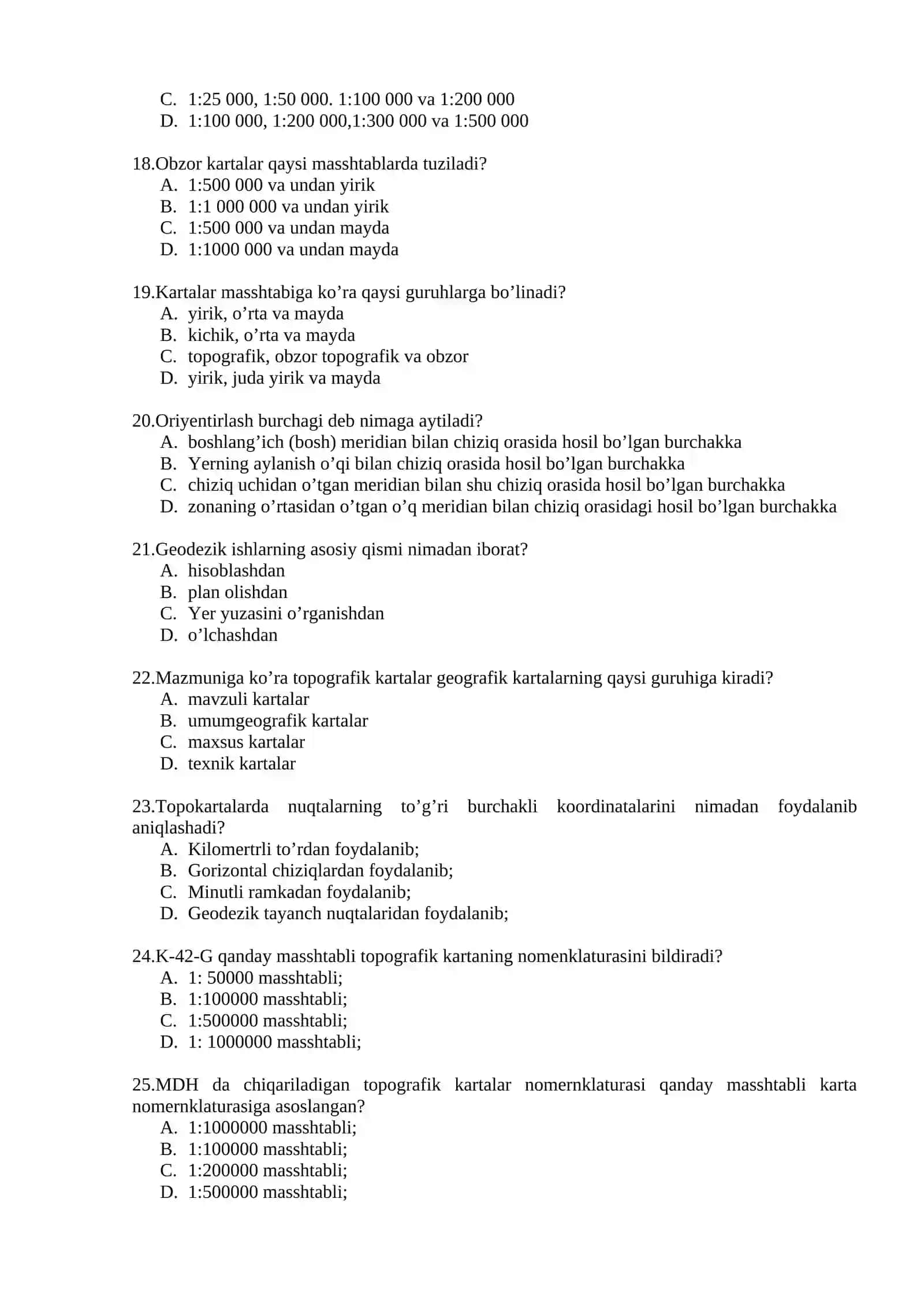 Topografiya, kartografiya va GIS fanidan test savollari 3