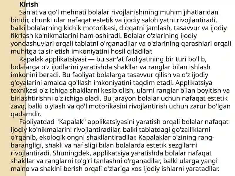 “Kapalak” applikatsiyasi mavzusida loy ishi. (oʼrta guruh) Sanʼat markazi 3
