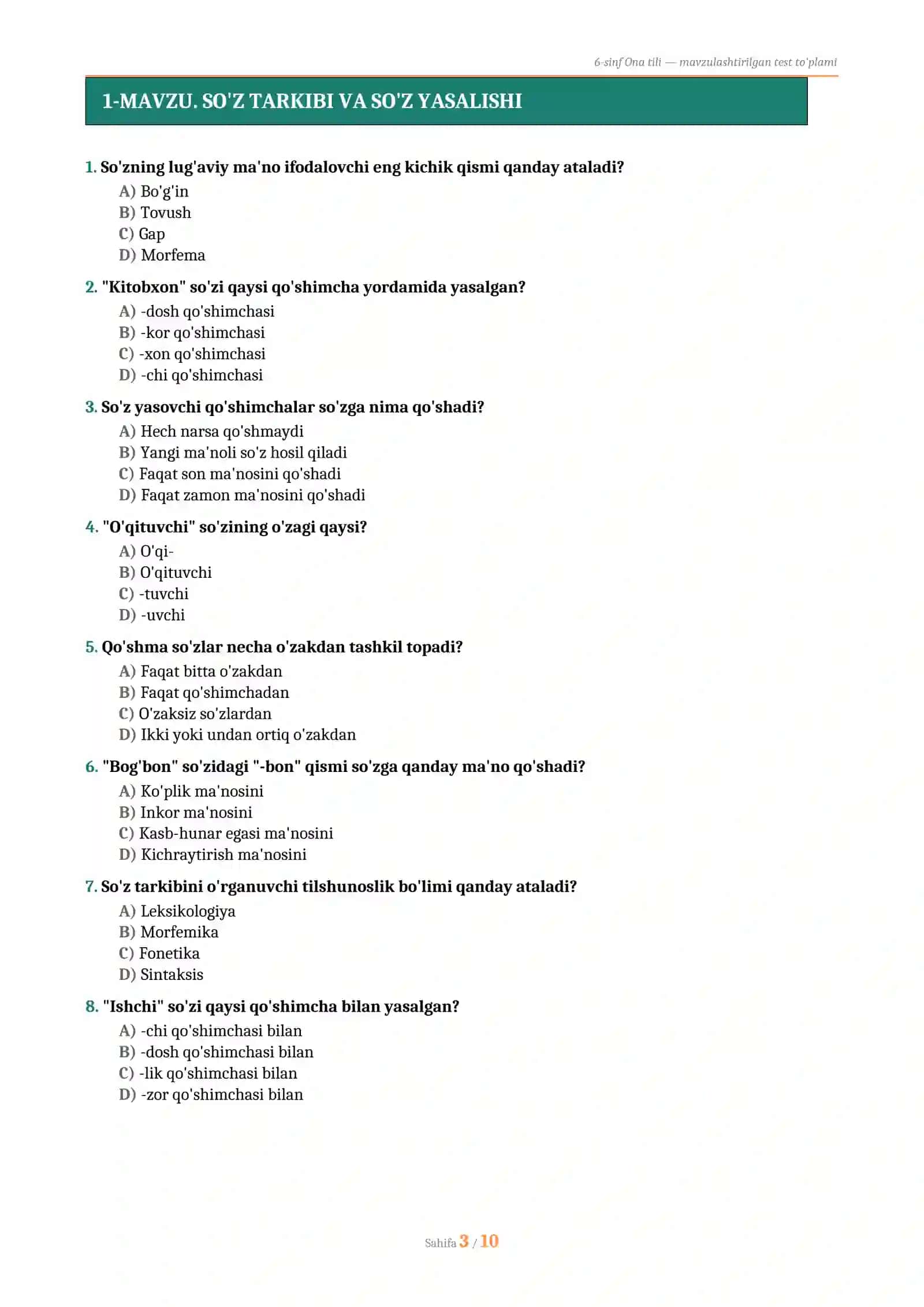 6-SINF ONA TILI — GRAMMATIKA MAVZULASHTIRILGAN TEST TO'PLAMI 2026 (56 savol, javoblari bilan) 3
