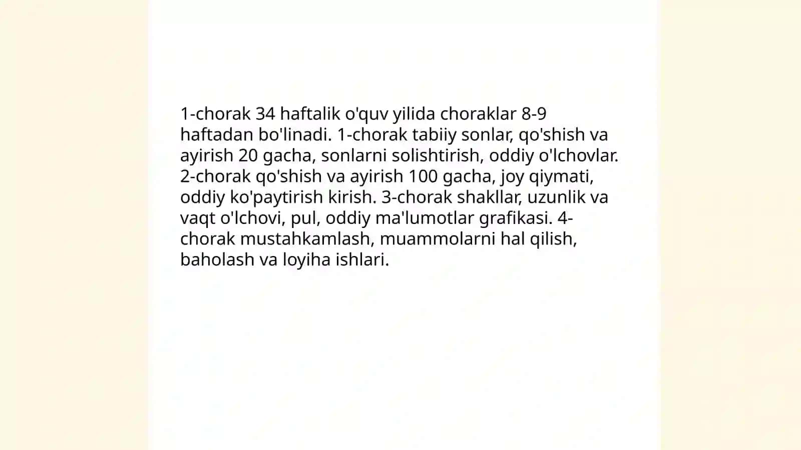 Ikkinchi sinf matematika dasturlari va materiallarning choraklar bo'yicha joylashuvi umumiy tahlili 3
