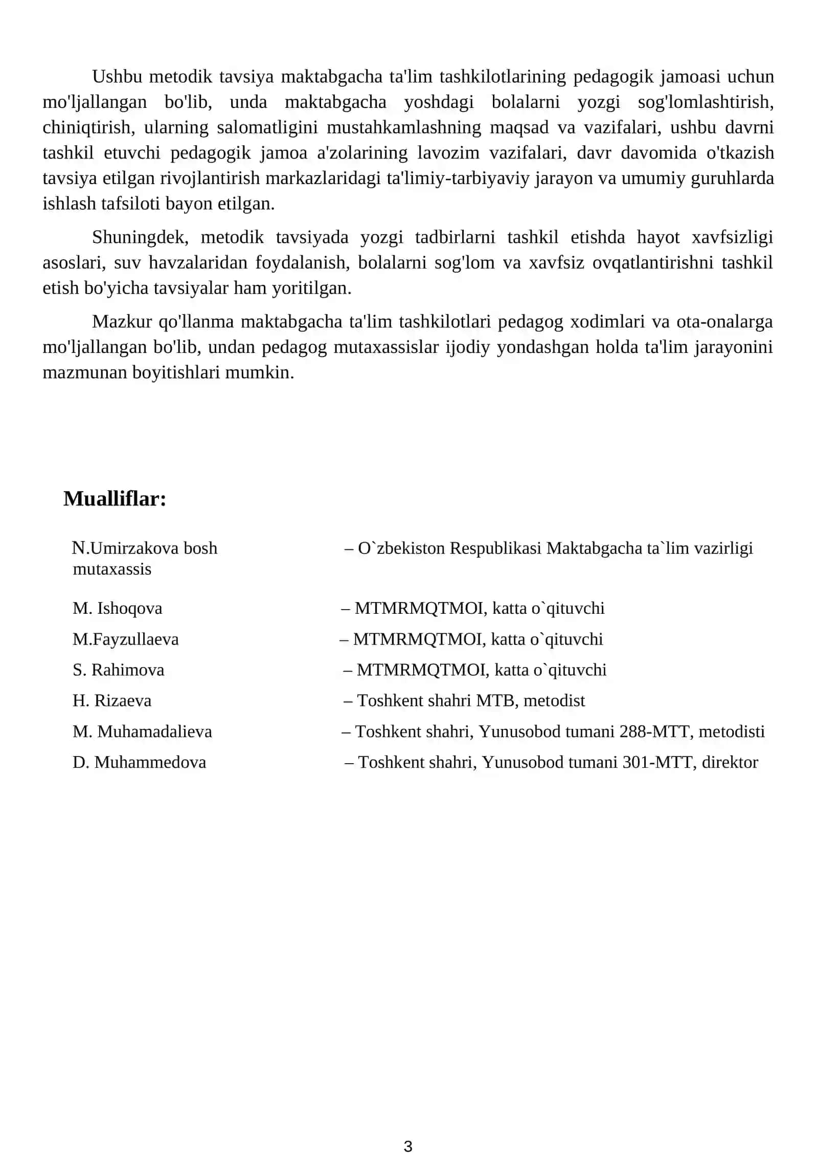 "O‘ZBEKISTON RESPUBLIKASI MAKTABGACHA TA'LIM VAZIRLIGI MAKTABGACHA TA'LIM TASHKILOTLARIDA YOZGI SOG'LOMLASHTIRISH ISHLARINI TASHKIL ETISH BO'YICHA METODIK TAVSIYA" 3