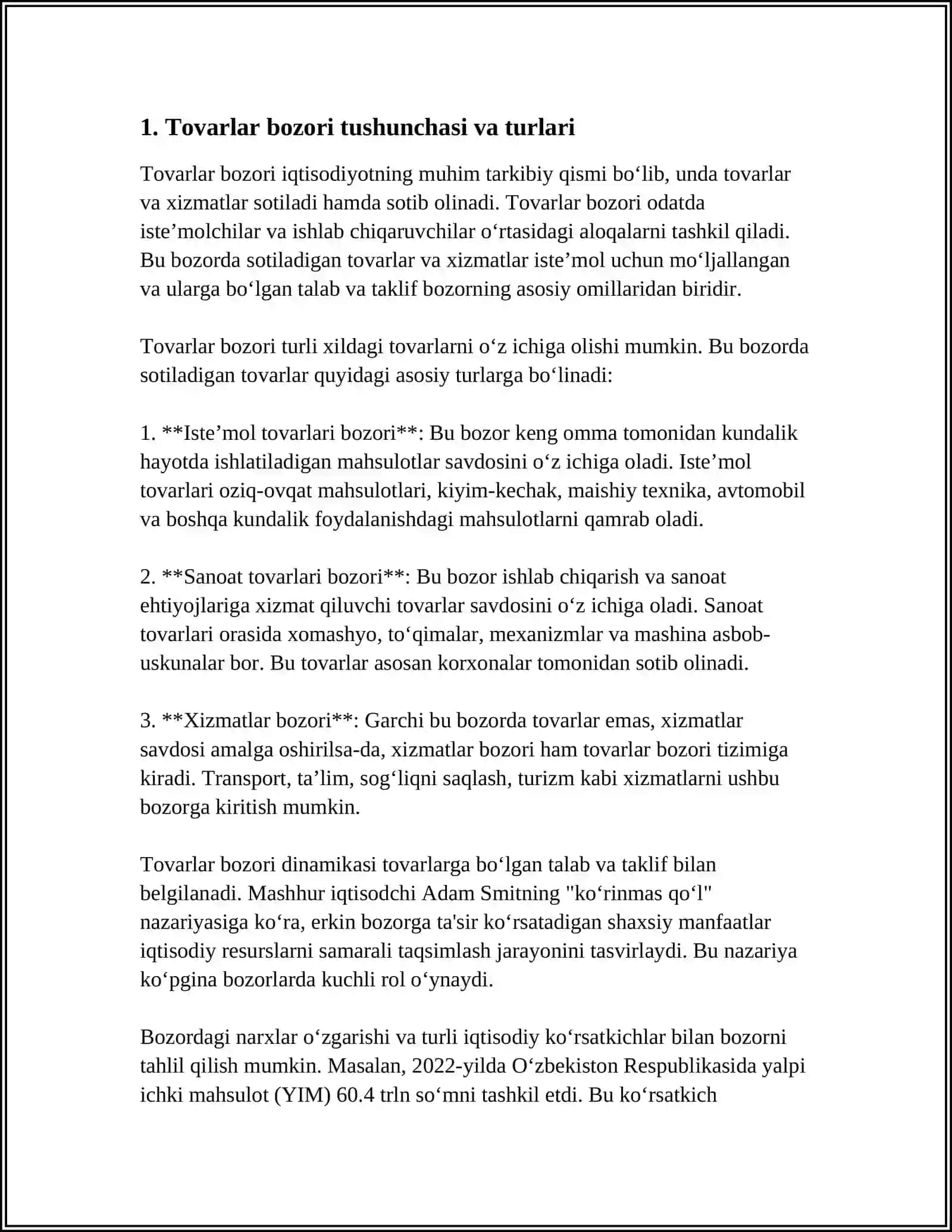 TOVARLAR BOZORI KONYUNKTURA OʻZGARISHLARINI HISOBGA OLGAN XOLDA IQTISODIY TAHLILNI AMALGA OSHIRISH VA ASOSIY KOʻRSATKICHLARNI PROGNOZLASH 3