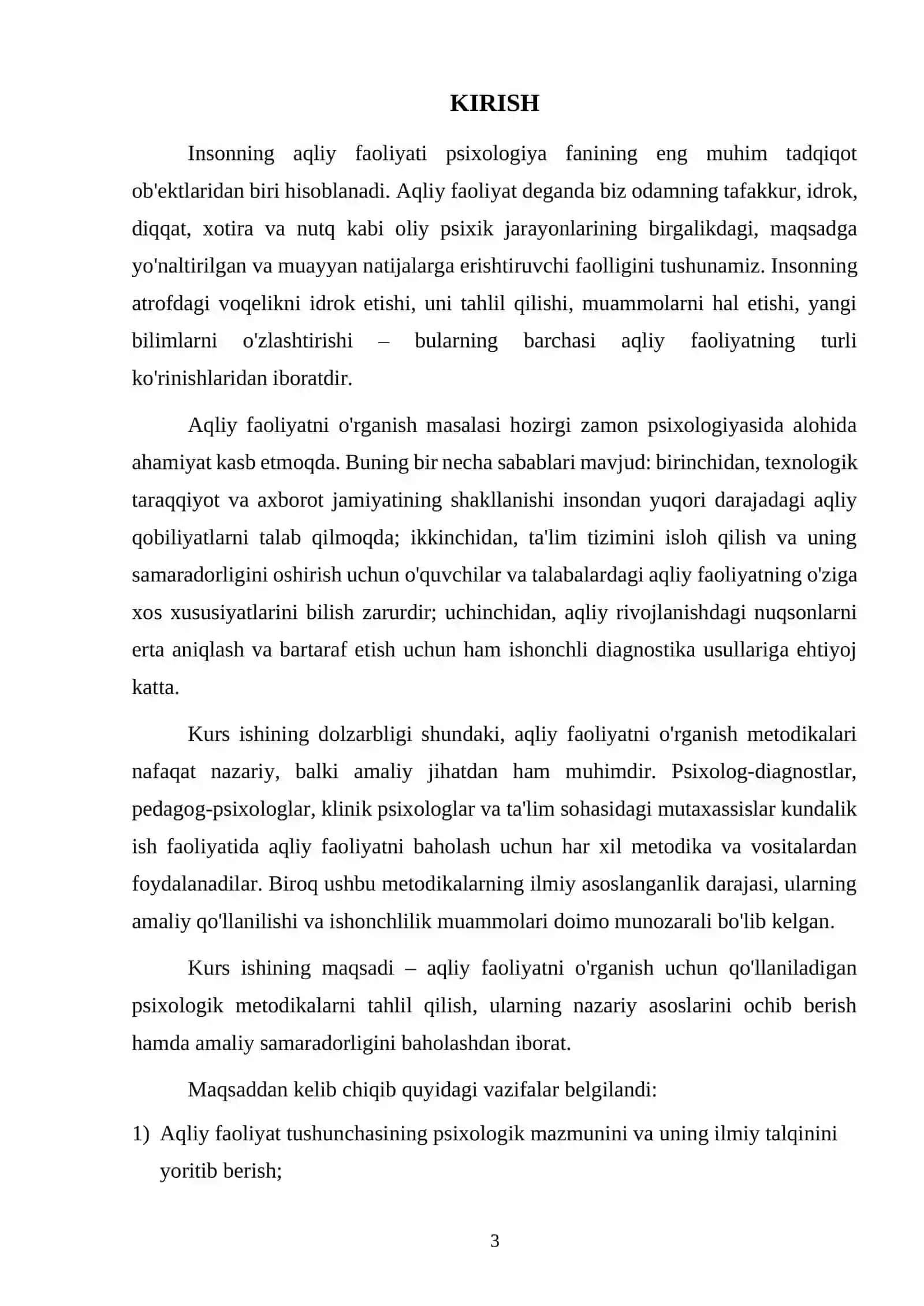 Aqliy faoliyatni o’rganish uchun metodikalar mavzusidagi kurs ishi 3