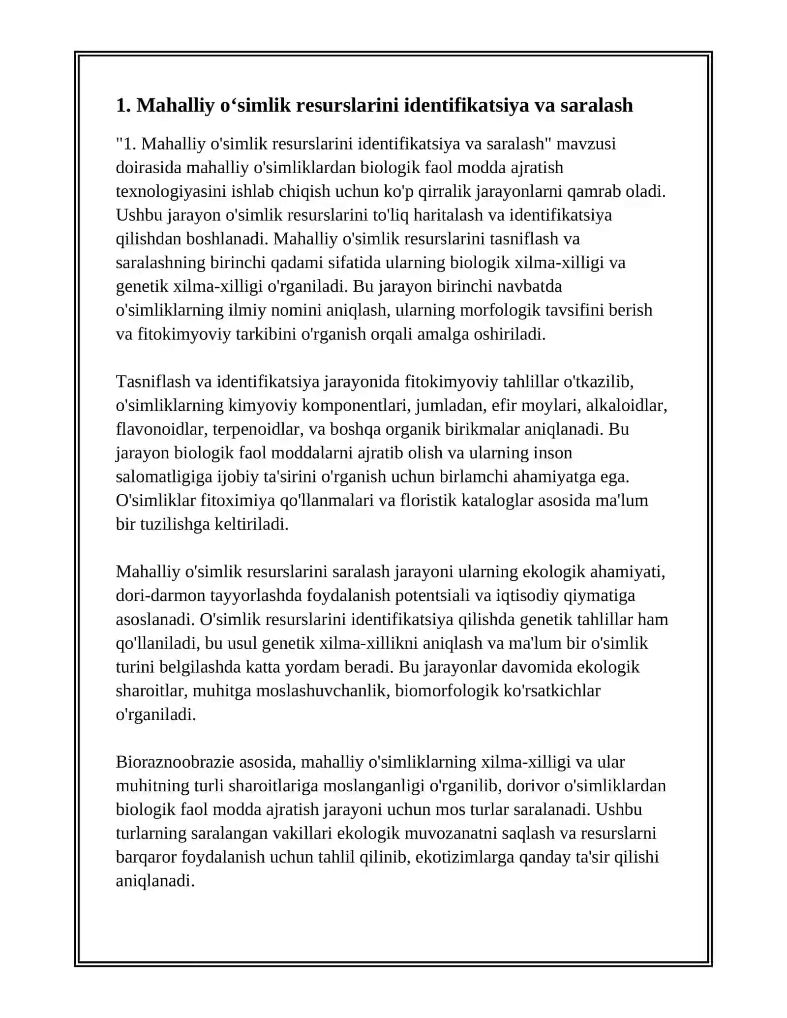 MAHALLIY OʻSIMLIKLARDAN BIOLOGIK FAOL MODDA AJRATISH TEXNALOGIYASINI ISHLAB CHIQISH 3