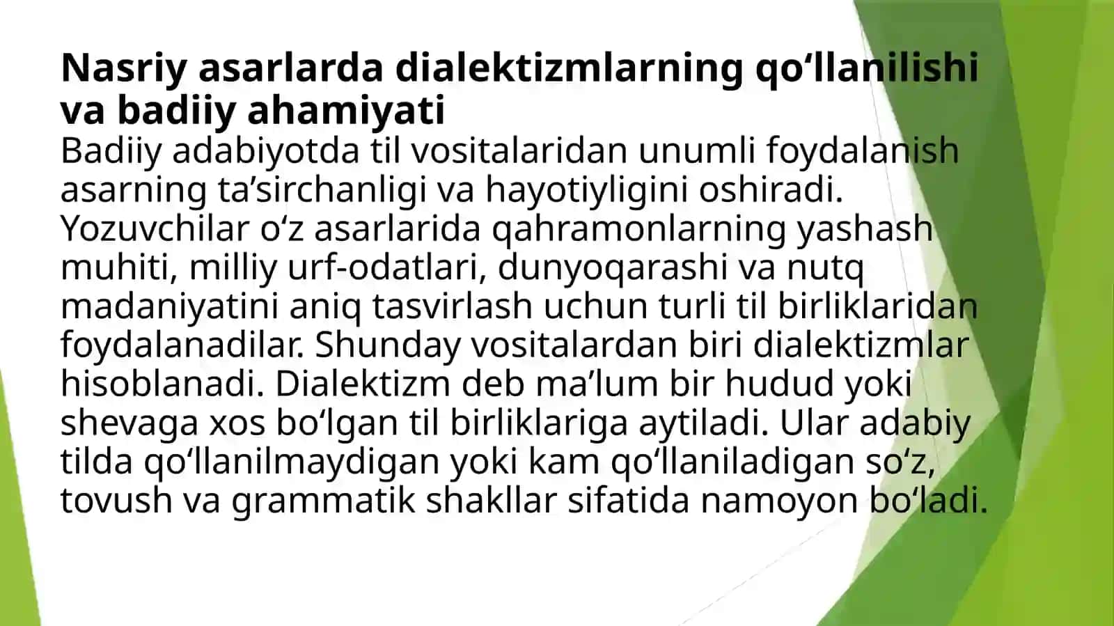 Nasriy asarlarda qo‘llangan dialektizm turlarini (fonetik, leksik, morfologik dialektizmlar) aniqlash va izohlash 3