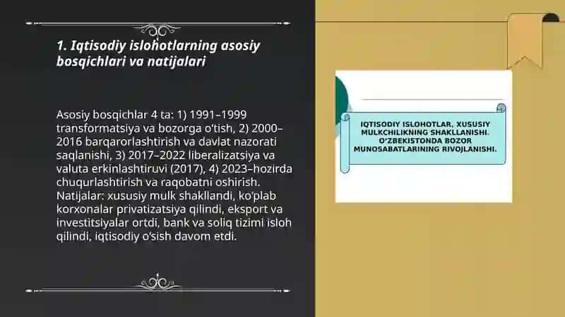 Iqtisodiy islohotlar, xususiy mulkchilikning shakllanishi. O'zbekistonda bozor munosabatlarining rivojlanishi 3